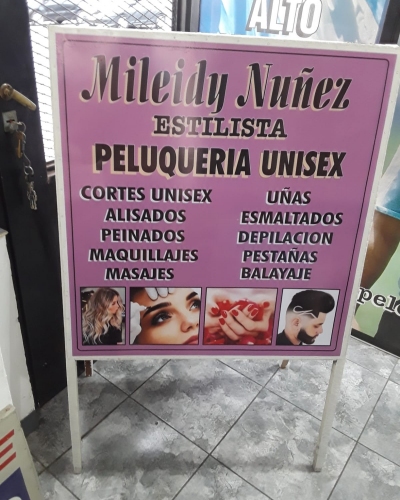 cartel tipo libro para vereda PELUQUERIA en zona oeste